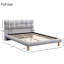Confortable lit double gris avec tête de lit distinctive en forme de biscuit et structure stable en chenille