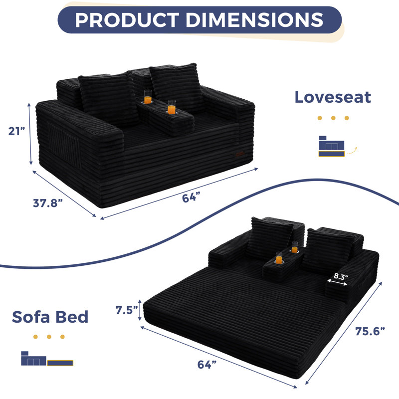 4 in 1 Convertible Compression Sofa Couch Striped Faux Fur Foldable Loveseat Sofa Bed, Black, 21" H x 64" W x 37.8" D