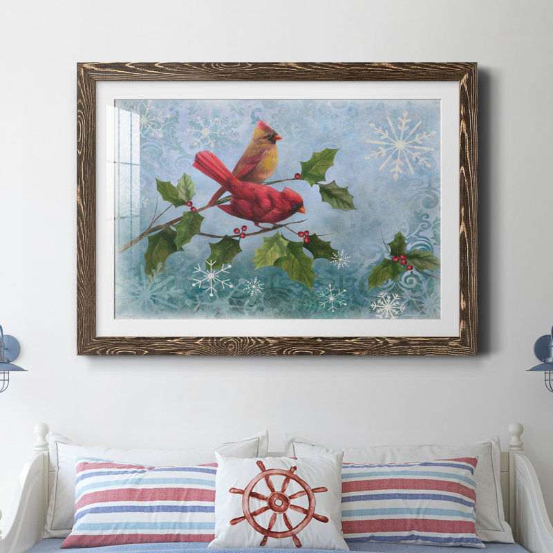 Winter Cardinal Duet I - Reproduction de cadre photo sur papier, Papier, cadre noyer, H 37,5 po x l 27,5 po x P 1,5 po