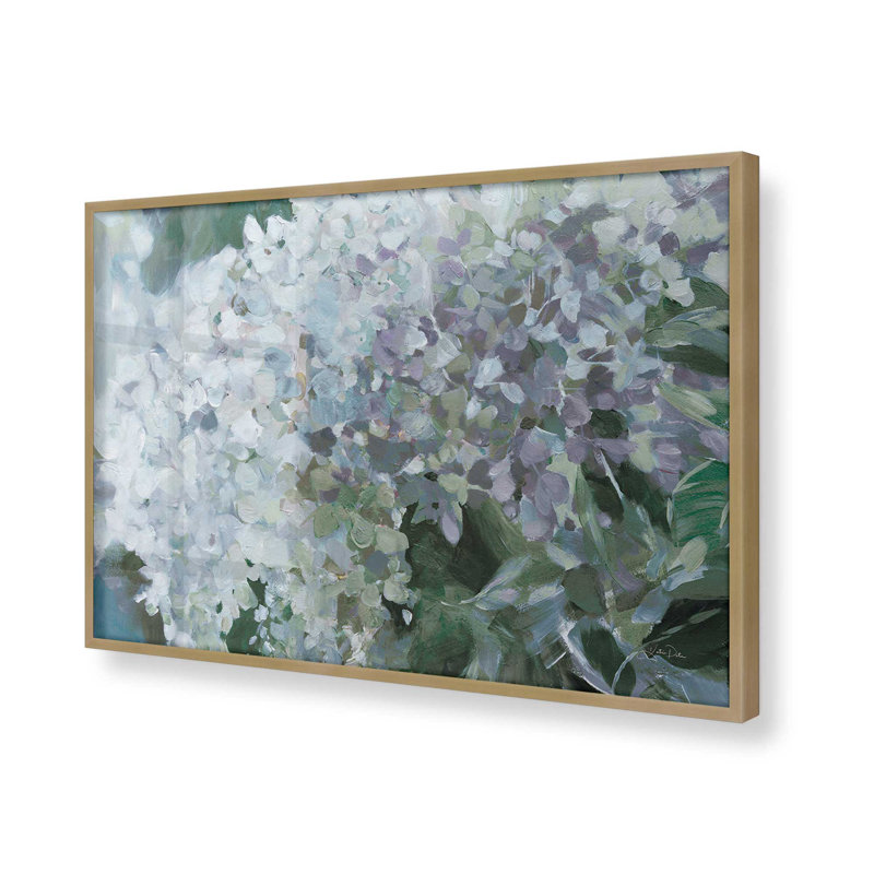 Motif d'hortensias luxuriant, H 13 po x l 17 po, Reproduction encadrée sans passe-partout, Or brossé