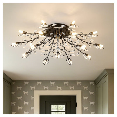 15-Light Matte Black Crystal Chandelier with American Traditional Design