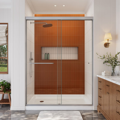 KAVRTON Porte de douche coulissante double noire matte de 56 po à 61 po x H 76 po en noir mat avec verre trempé transparent certifié GSC de 1/4 po (6 mm)