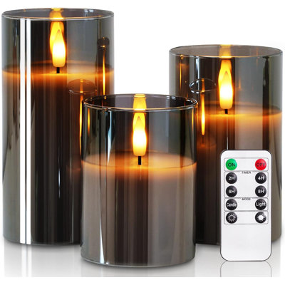 Glass Flameless Candles Battery Operated with Timer, Remote Control, LED Pillar Candles, Battery Powered, Set of 3