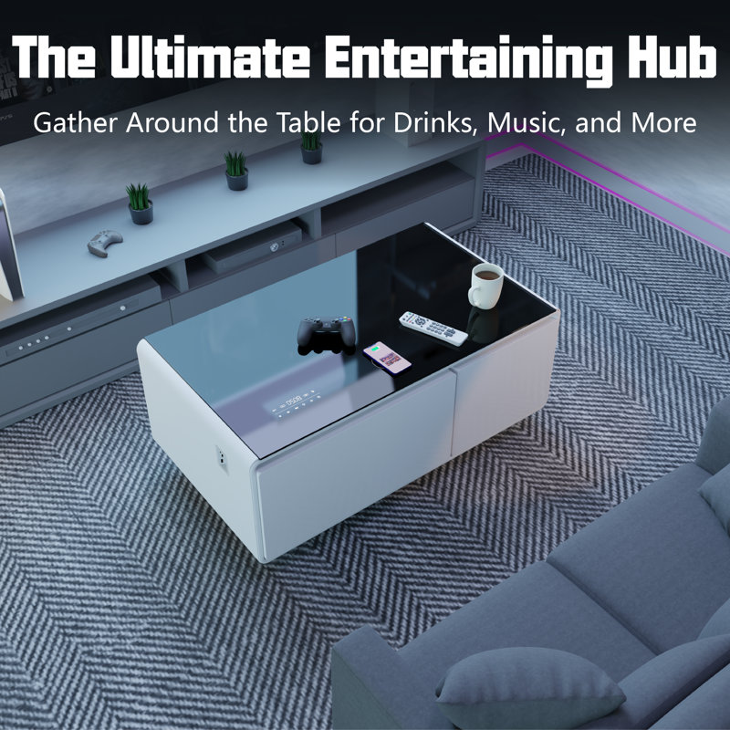 Smart Coffee Table with Fridge, 15W Wireless Charging, Bluetooth Speaker, Perfect for Living Room, Office, or Entertainment Spaces