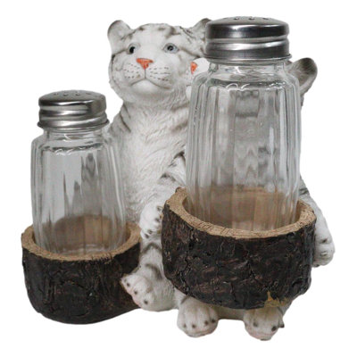 Siberian Snow White Tiger Couple Salt and Pepper Glass Shakers Holder Figurine