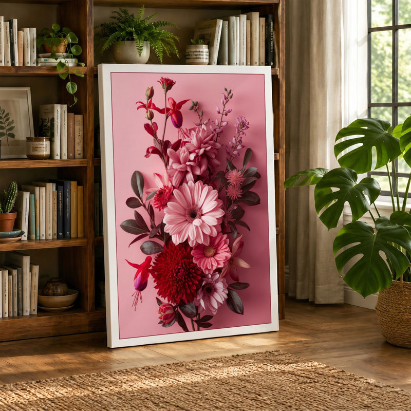 Pink Blooms Unified Botanical - Wrapped Canvas, 30x20 - 76.2 x 50.8 cm, Ochre Border