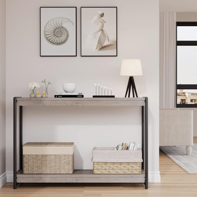 Farmhouse Console Table, Entryway Table, Slatted Style 2-Tier Sofa Table With Shelf, Console Tables For Entryway, Living Room, Hallway, Foyer
