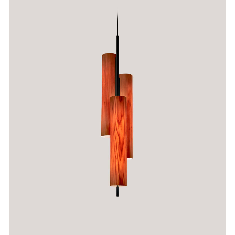 Black Note Triplet Suspension Light - DIMTRIAC LED - Rounded Tube, Matte Black, Natural Cherry