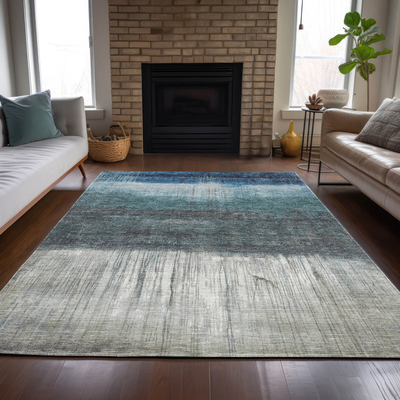 Tapis bleu intérieur / extérieur lavable à la machine Xhevrie, Rectangle 10 pi x 14 pi
