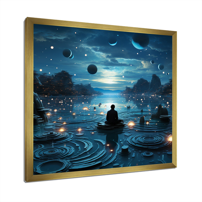 Bleu intérieur méditation, Cadre doré simple, H 24 po x l 24 po x P 1 po