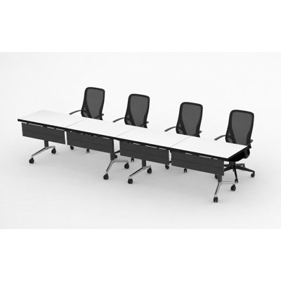 4 Person Fold-up Training Tables, Extra Long for Seminars and Conferences with White color Thick Tops, Fold-Up Legs & Integrated Power Boxes includes commercial Office Chairs.