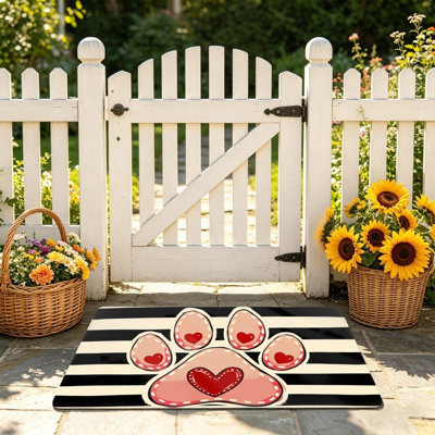 Pet Paw Print With Hearts Door Rug For Outdoor And Indoor, 24 X 36 In, Black White Red