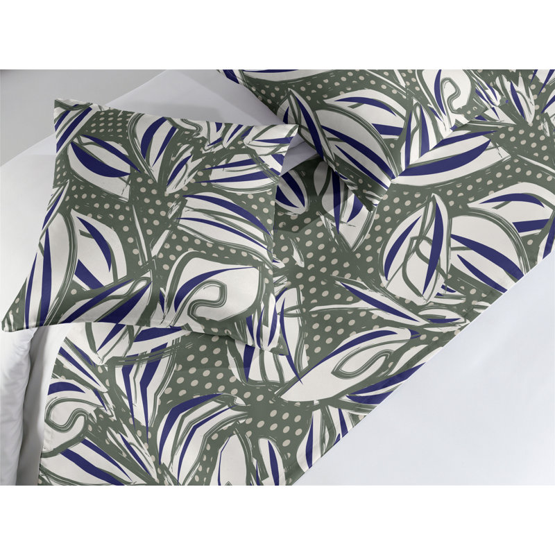 Ensemble de chemin de lit Ambesonne Tropical Foliage Flowers Dots Art lavande foncé et vert sauge, Très grand lit