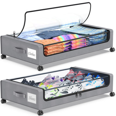2 Pack 60L Rolling Under Bed Metal Storage Boxes With Wheels And Clear Lid