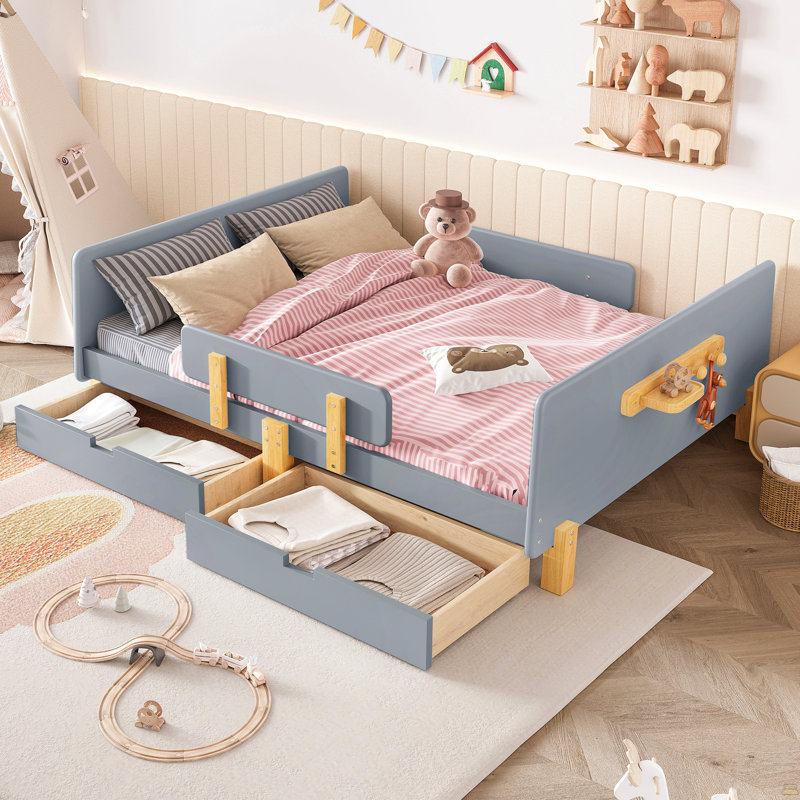 Lit plateforme double avec tiroirs de rangement, structure de lit en bois massif, Gris, Full