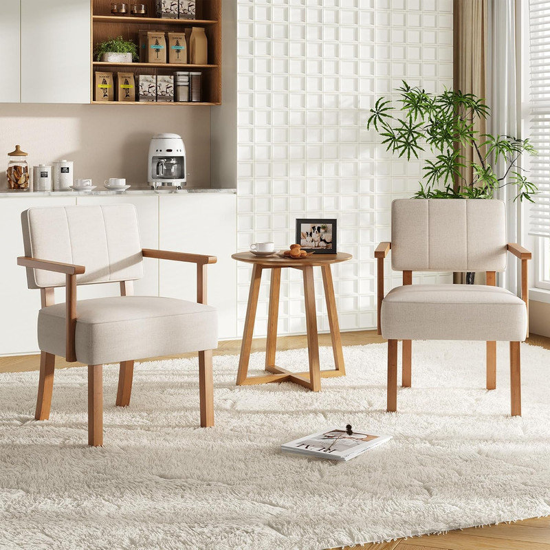 Ensemble de 2 chaises d'appoint Mid-Century en lin avec structure en bois, fauteuil à rayures verticales pour salon, chambre à coucher et balcon