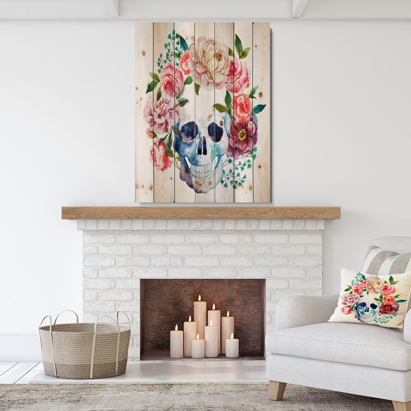 «Skull Bouquet», impression d'art graphique contemporain, H 20 po x l 15 po x P 1po, Bois