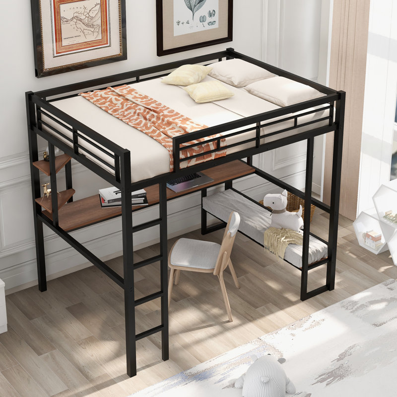 Lit mezzanine double en métal et panneau de fibres à densité moyenne avec long bureau et tablettes, noir
