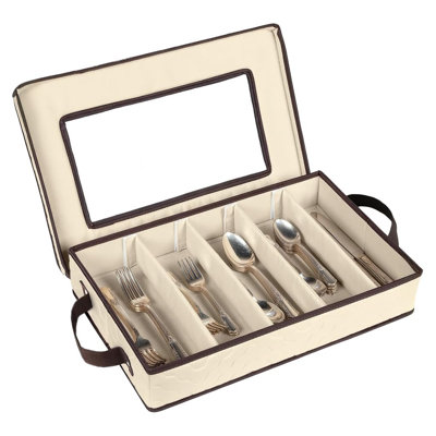 Flatware Storage Case - Durable 5 Compartment Silverware Storage Container Box With Removable Lid And Easy To Carry Handles - Beige