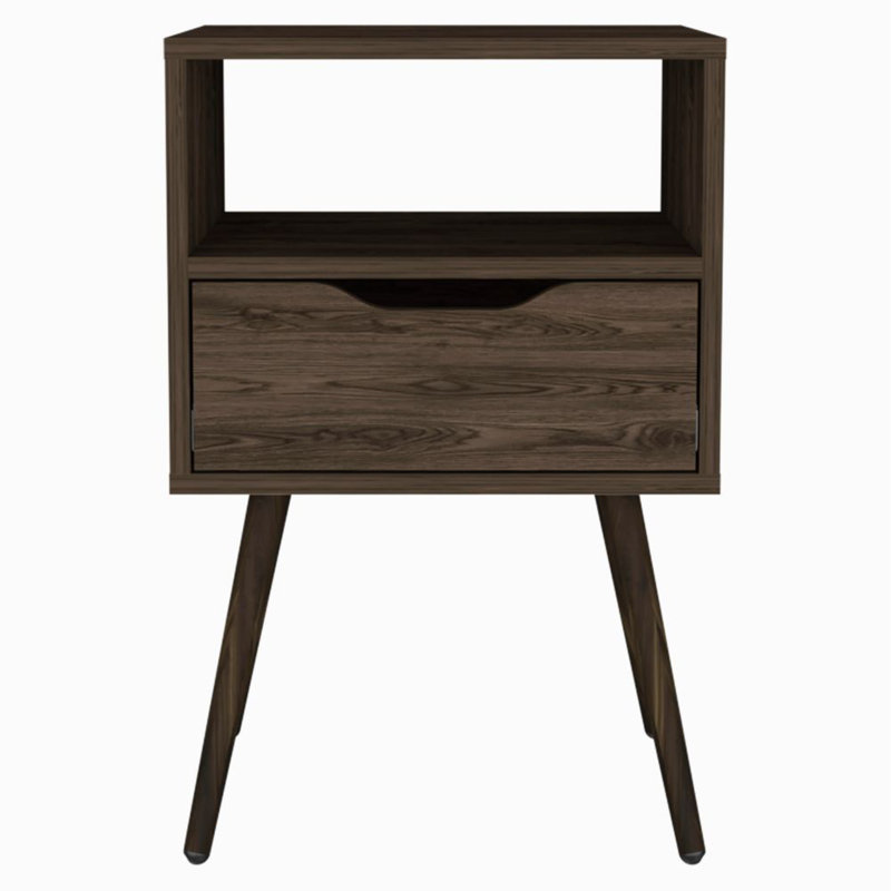 Nightstand 25"H, Superior Top, Four Legs, One Open Shelf, One Drawer, Dark Walnut, Brown