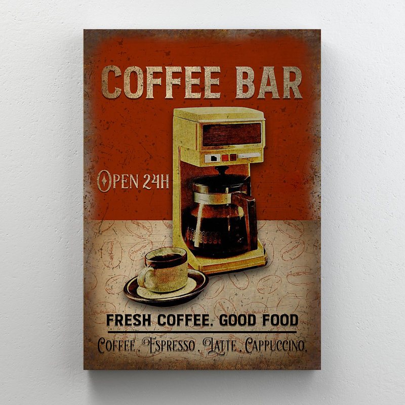 Coffeemaker - Coffee Bar Open 24 Hours Fresh Coffee Good Food - 1 Piece Rectangle Graphic Art Print On Wrapped Canvas