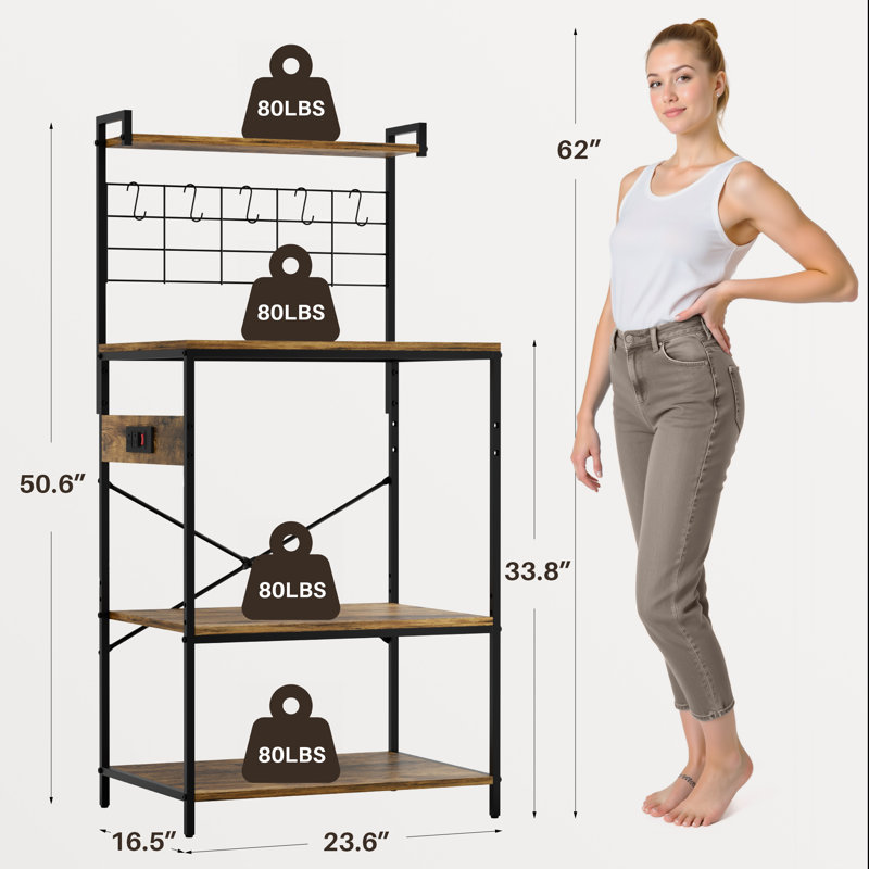 Kitchen Bakers Rack with Power Outlet, Small Microwave Stand with Adjustable Storage Shelves, Coffee Bar Table with 5 Hooks, 4 Tiers Kitchen Coffee Stand Station for Small Space