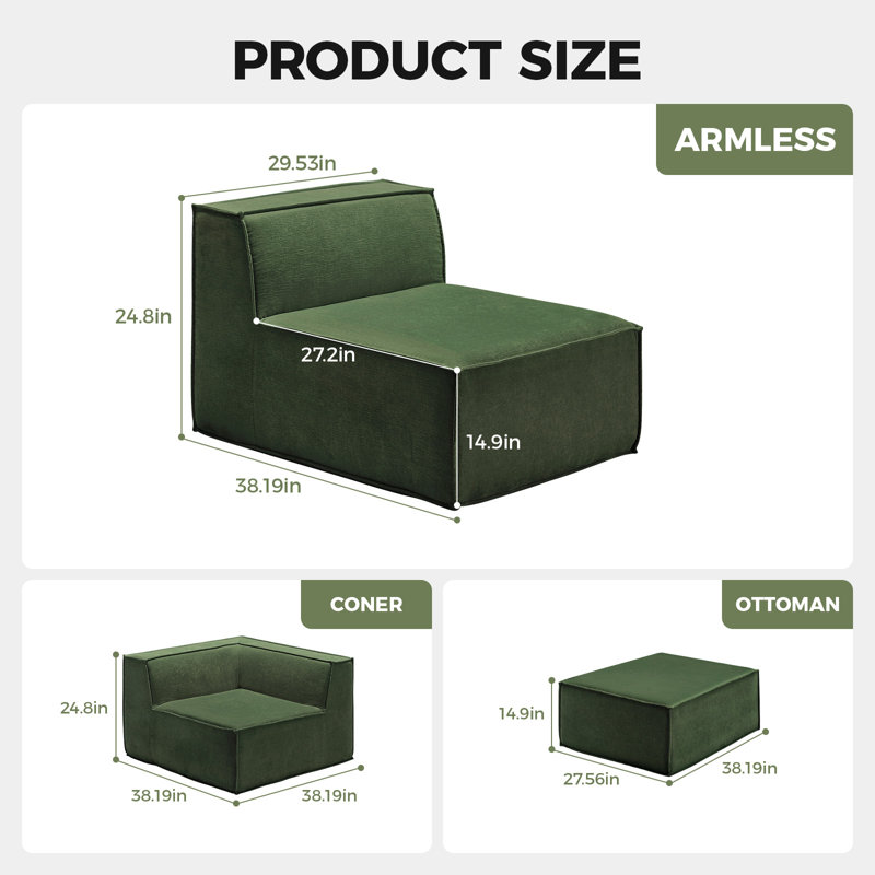 Canapé modulaire contemporain 106 po - 5 pièces canapé surdimensionné en chenille surdimensionné avec repose-pieds vert olive