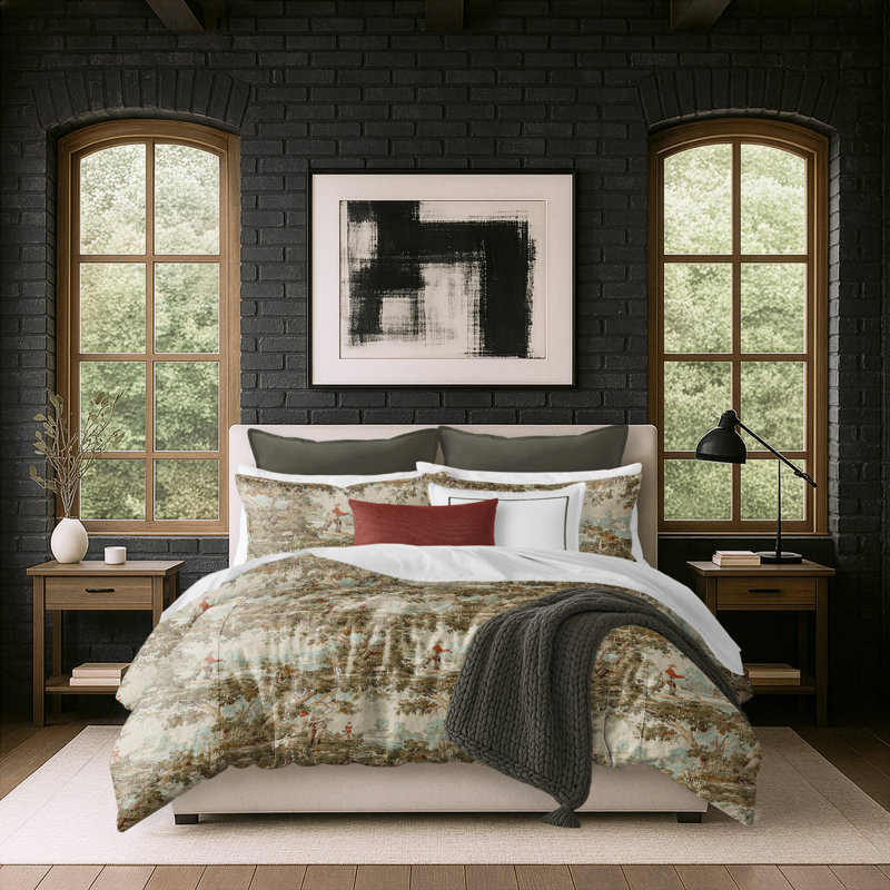 Greenwood Ivory/Red Linen Duvet Cover Set, California King Duvet + 2 King Shams