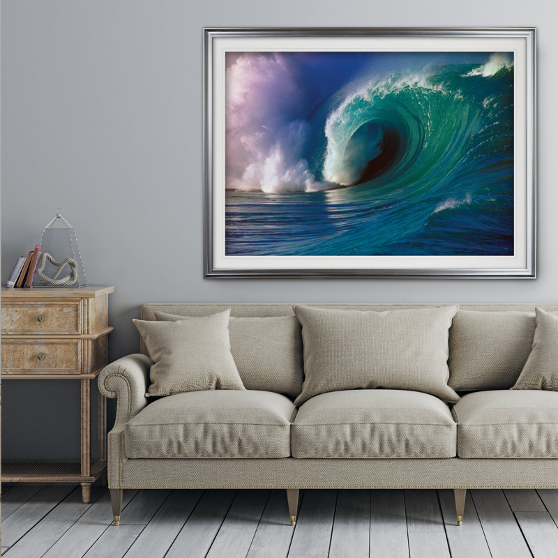 « waimea bay wave », reproduction de peinture à l’acrylique, Cadre argenté, H 31 po x l 43 po x P 1,5 po
