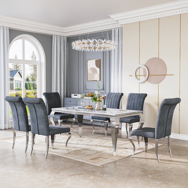 Rectangular Marble Dining Set, 70" Modern White Faux Marble Table With Polished Stainless Steel Base And Upholstered Chairs