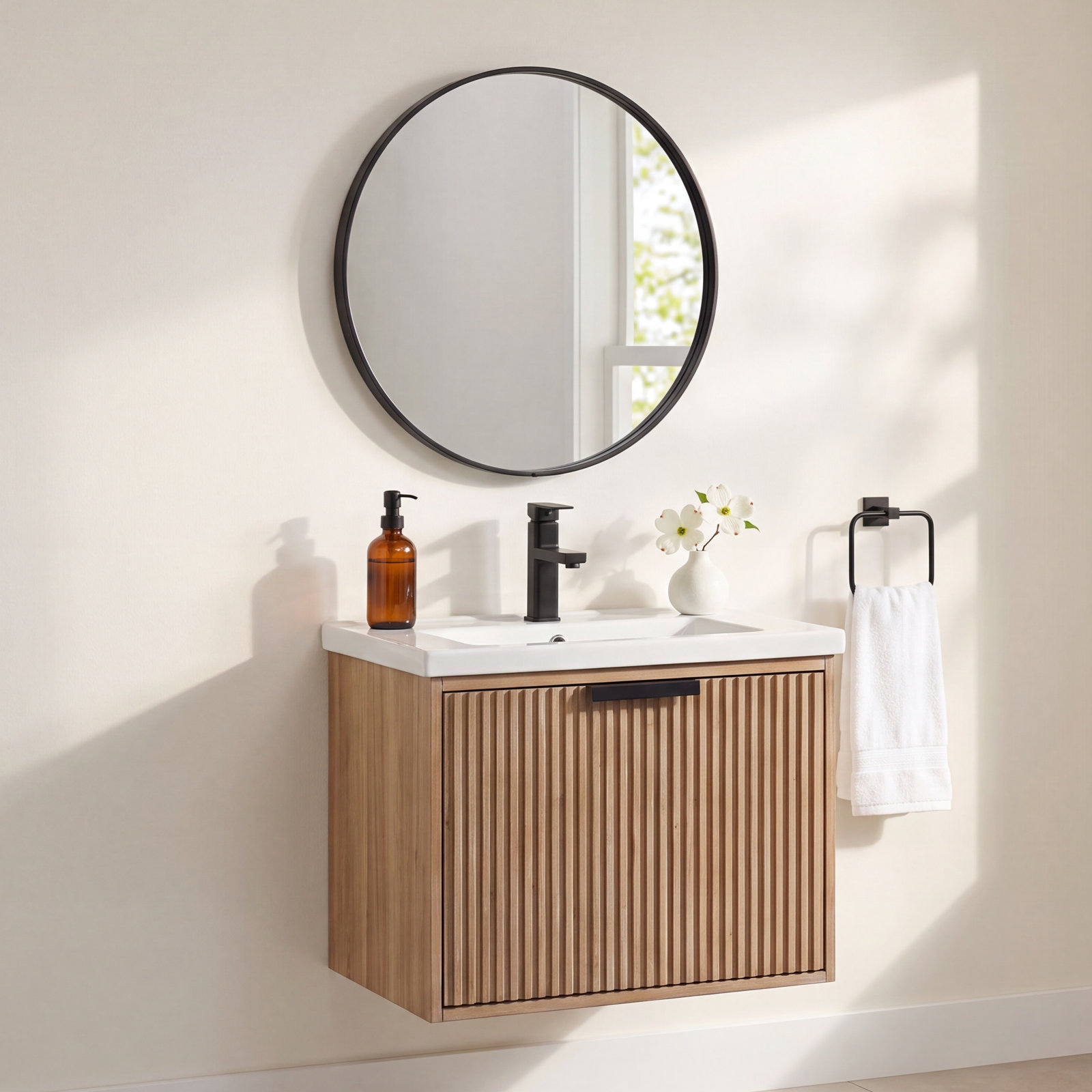 Anelie 24" Single Bathroom Vanity, Weathered Fir, Matte Black