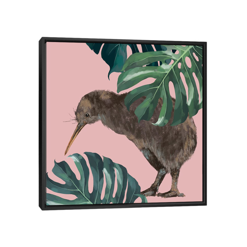 Kiwi oiseau avec monstera art, H 37 po x l 37 po x P 1,5 po, Toile avec cadre noir