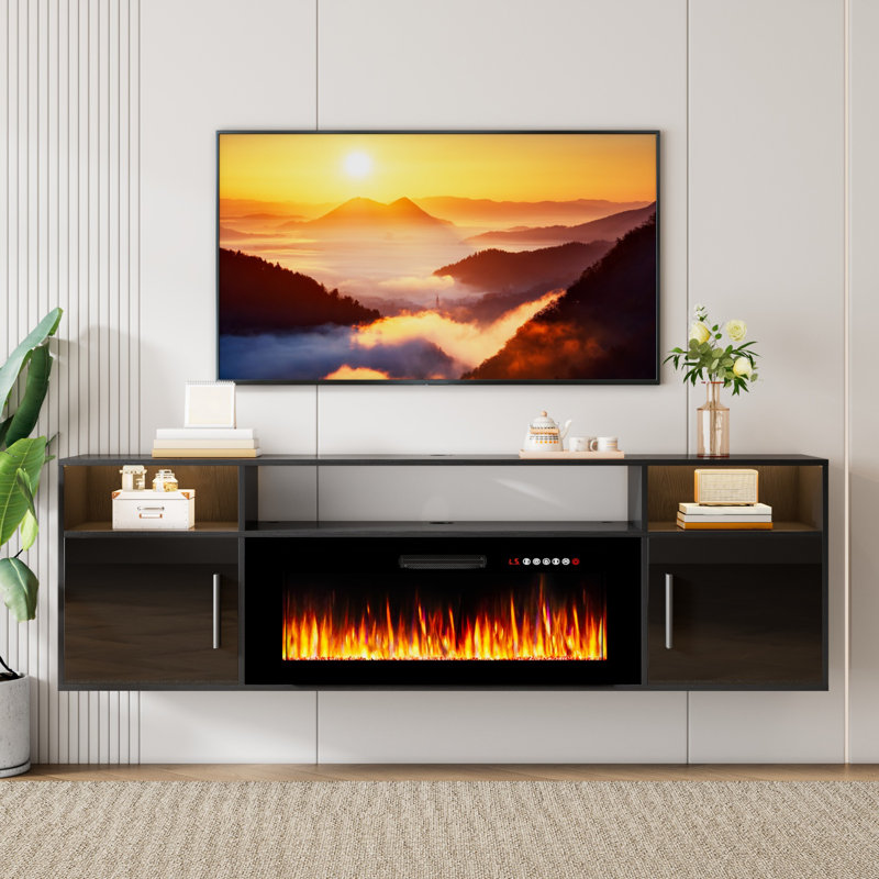 Alazik Floating TV Stand with 36" Electric Fireplace, Black/Black