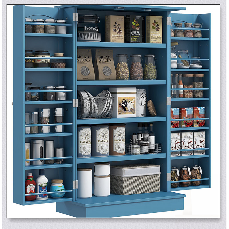Freestanding Kitchen Pantry Storage Cabinet With 12 Door Shelves, Double Doors, And Adjustable Shelving In Blue, Blue