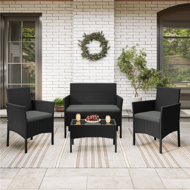 Patio Conversation Set with Cushions for Porch, Black, Grey