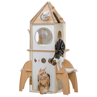Modern Cat Tree Rocket Shape,54" Wood Cat Tower Multilevel For Indoor Cats, Cat Furniture With 3 Condos, Dangling Balls, Attic Perch