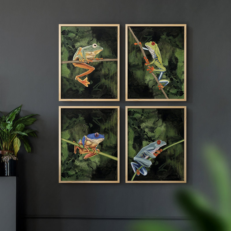 «Watercolor Tree Frogs I», reproduction encadrée, H 14 po x l 44 po