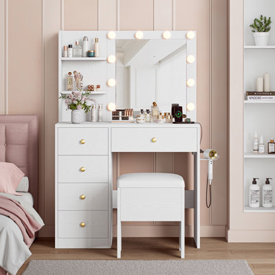 Ensemble de coiffeuse avec miroir et lumières Kenny, avec luminosité réglable, 5 tiroirs, prise de courant et tabouret de coiffeuse, blanc