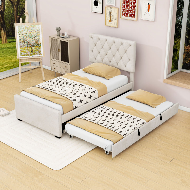 Lit plateforme simple tapissier avec tête de lit ajustable et lit gigogne