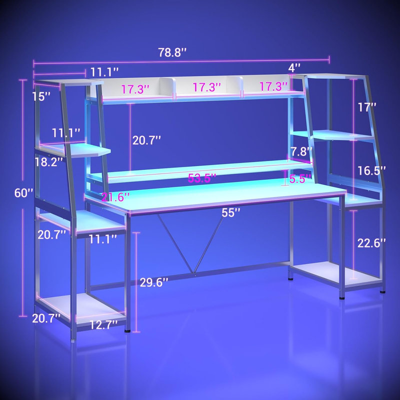 Bureau de jeu de 78,8 po avec lumières à DEL, huche et tablettes de rangement, grand bureau d'ordinateur avec support pour écran, poste de travail de jeu PC pour le salon de la chambre à coucher, blanc