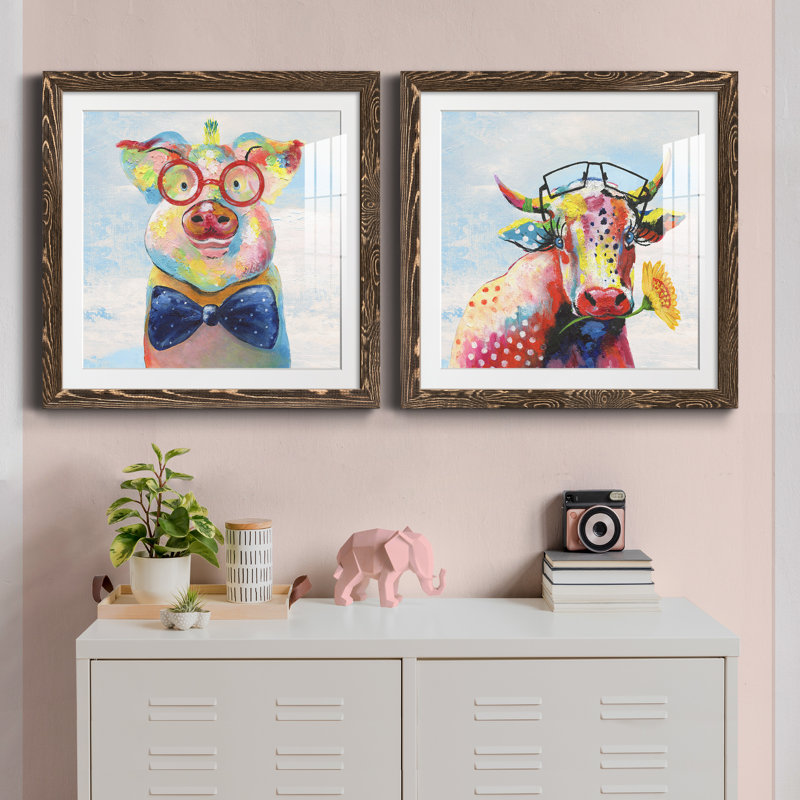 Groovy Pig and Sky - ensemble de 2 peintures, Papier, cadre noyer, H 24 po x l 48 po x P 1 po