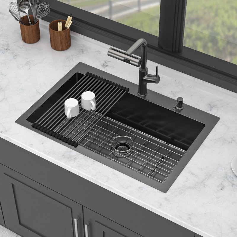 Évier de cuisine encastré 30 po en acier inoxydable avec robinet coulissant et distributeur de savon - Évier de cuisine simple en acier inoxydable de calibre 16