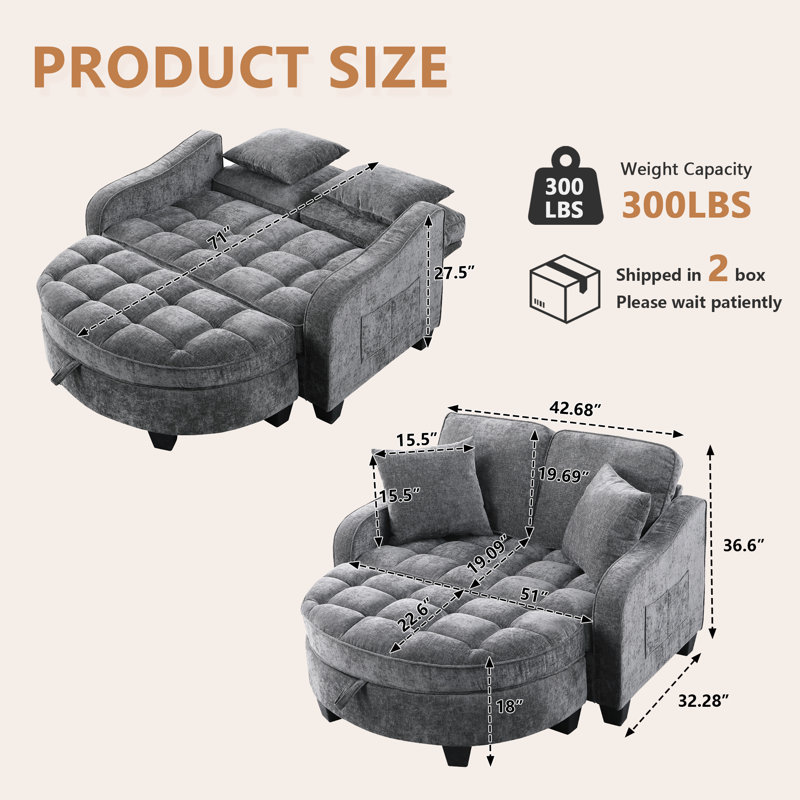 Canapé à deux places de 42 pouces avec fauteuil inclinable et repose-pieds de rangement, idéal pour les salons et les chambres