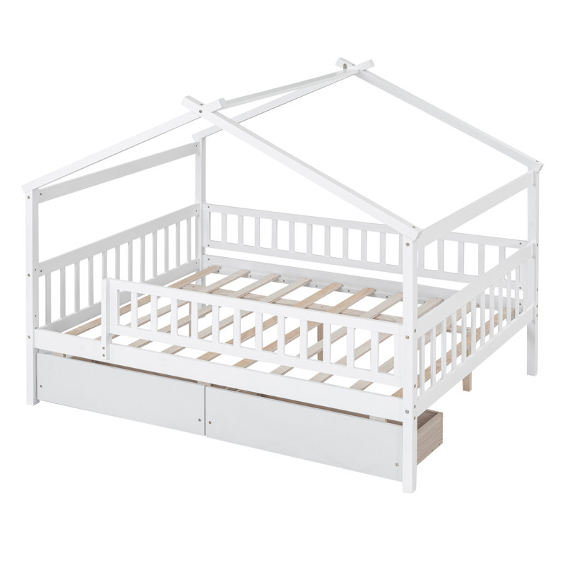 Lit double en bois avec deux tiroirs, Blanc