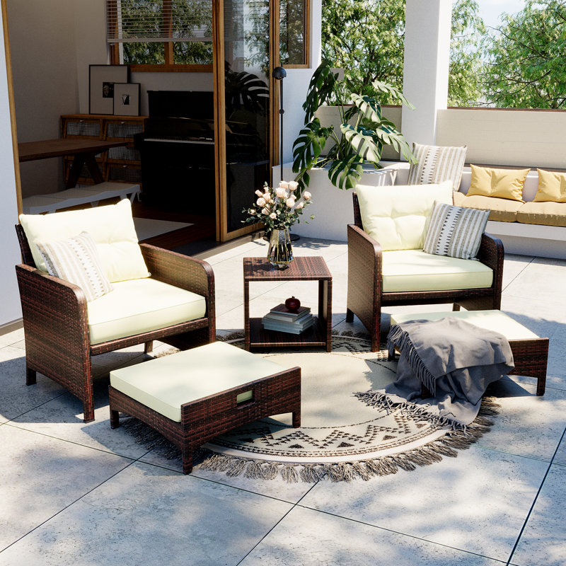 5-Piece Wicker Patio Conversation Set Outdoor Seating Group with Ottoman, Beige, Brown