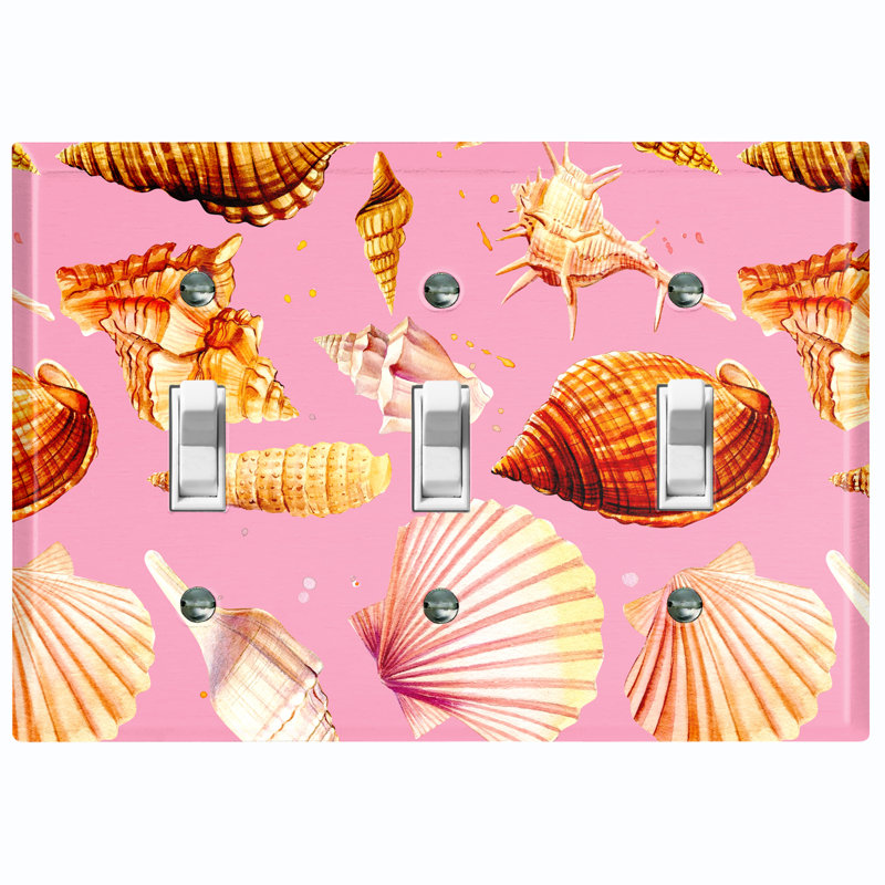Metal Light Switch Plate Outlet Cover (Assorted Sea Shells Pink  - Triple Toggle), Pink