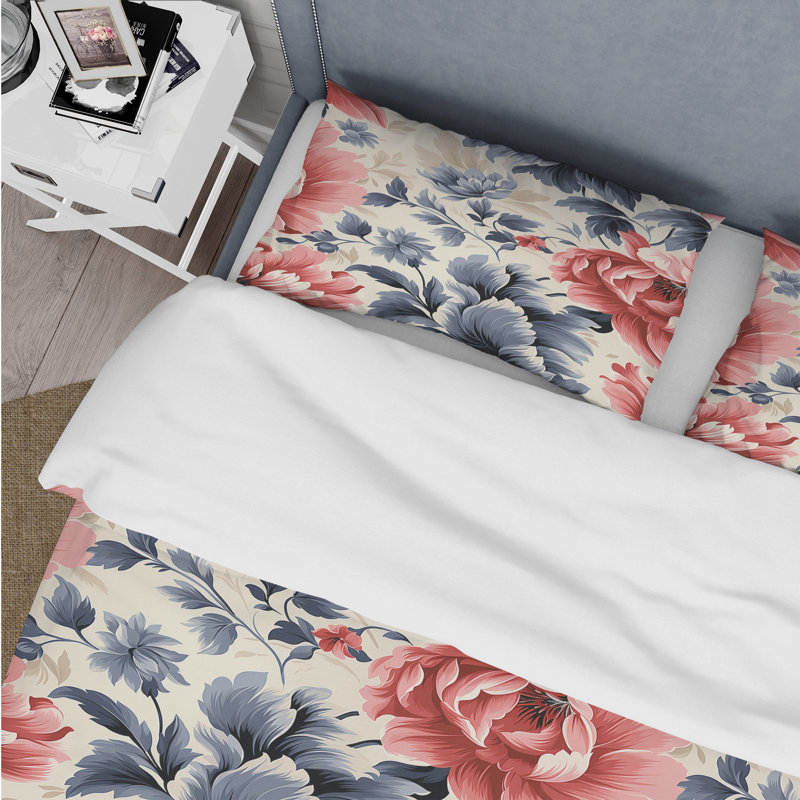 Red And Blue Damask Flower Nostalgia I Floral Duvet Cover, King Duvet Cover + 2 King Shams