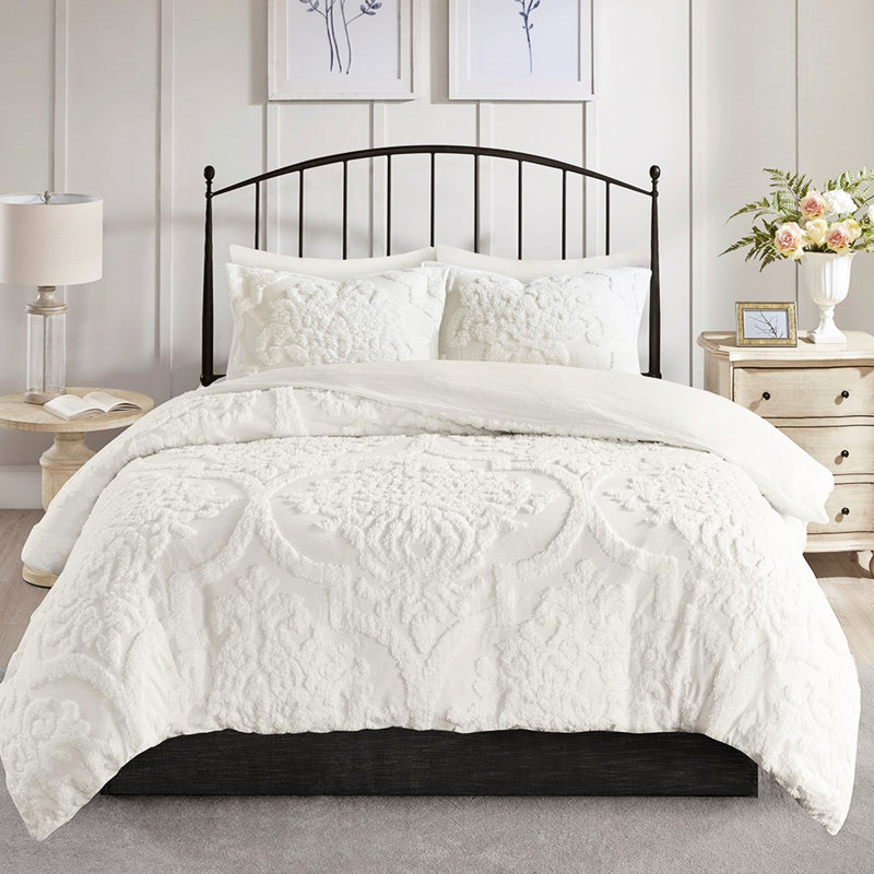 Housse de couette double en coton chenille, blanc avec bouton et cravate comprenant 3 éléments, Blanc cassé