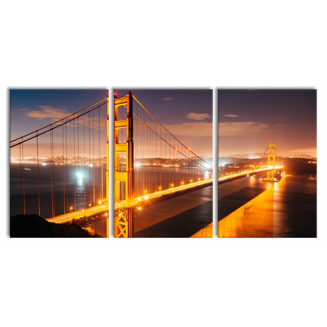 3-tlg. Leinwandbilder-Set Golden Gate Bridge bei Nacht in Gelb