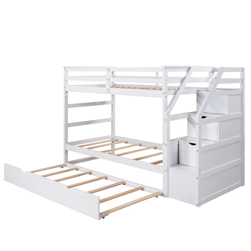 Lit superposé Twintwin avec lit gigogne et 3 escaliers de rangement blancs - Rehausse l'apparence fonctionnelle des chambres à coucher